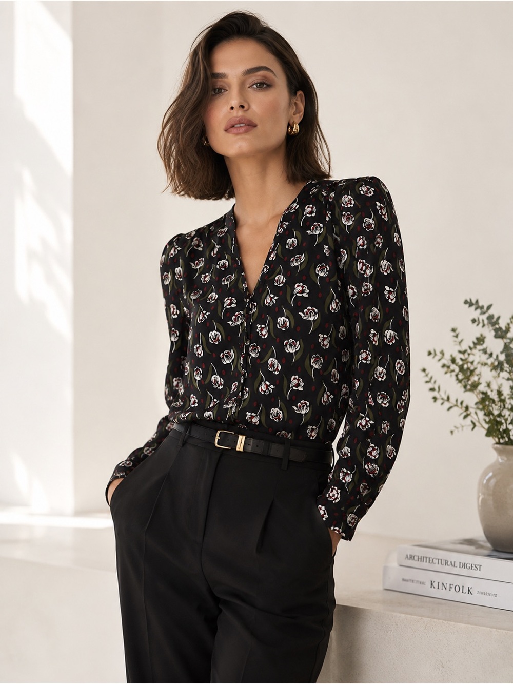Veronica Beard | Asheville Black Floral Print Silk Blouse - Size 0